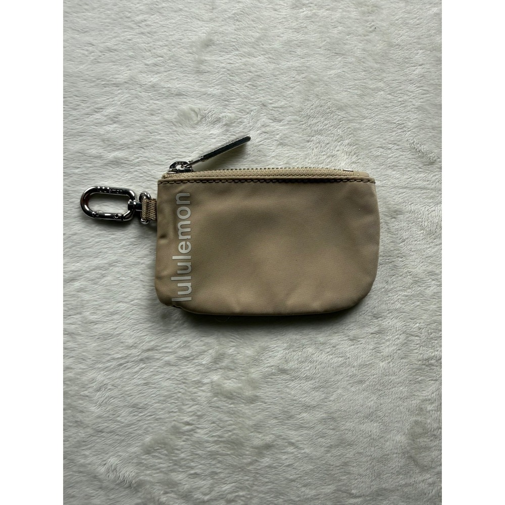 Lululemon Nano Pouch Tan Beige Keychain Coin Purse Wallet Mini Bag Silver Clip